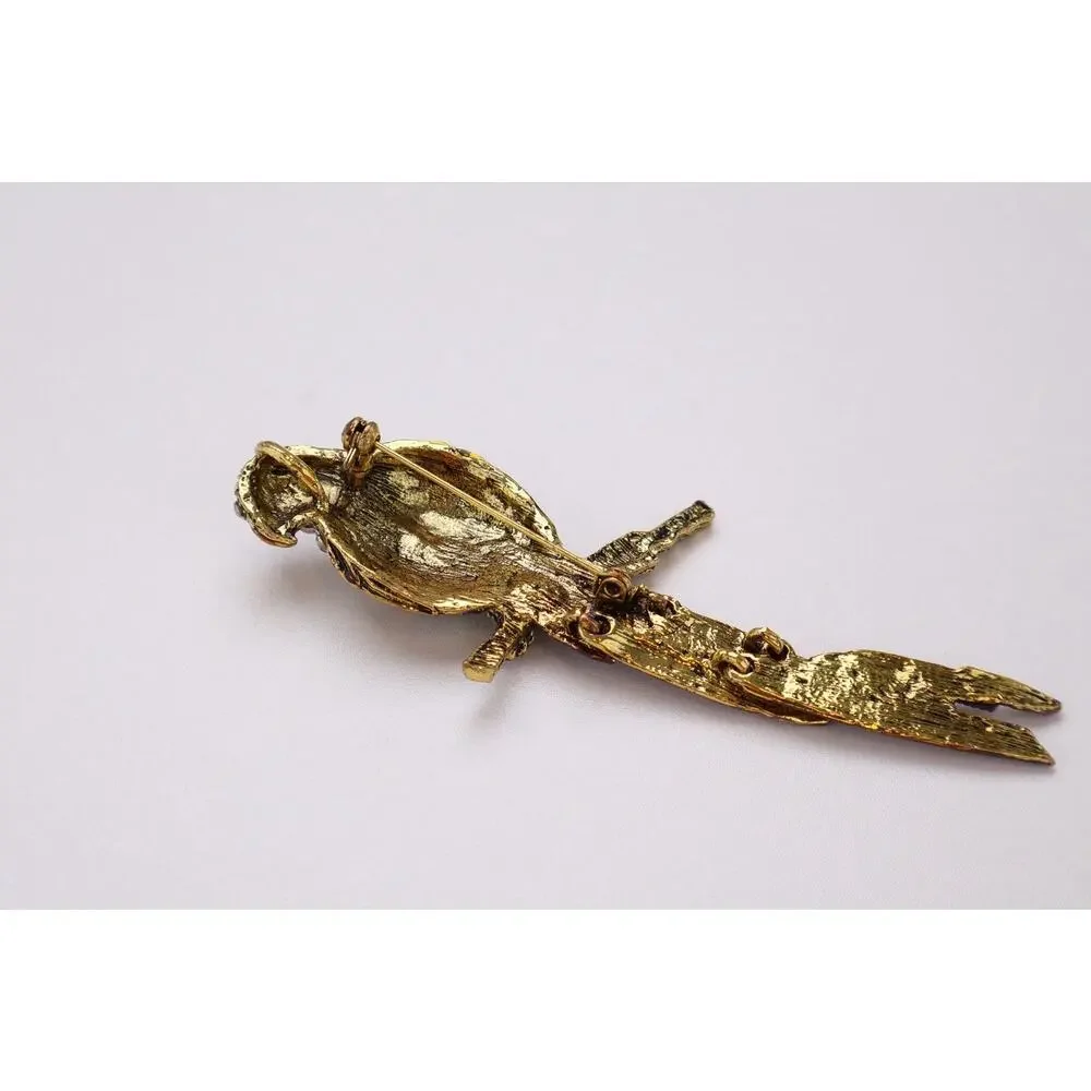 Vintage Parrot Bird Brooch Rhinestone Enamel Tropical Bird Pin Gold Tone 4”